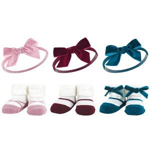 Hudson Baby Infant Girl Headband and Socks Giftset, Burgundy Pink Teal, One Size - 1 of 4