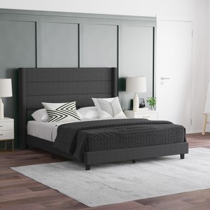 Emma and Oliver Modern Channel Stitched Upholstered Platform Bed with Wingback Headboard and Wooden Support Slats; No Box Spring Needed - 1 of 4