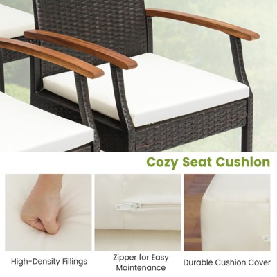 Set of 4 Brown Wicker Dining Chairs with White Cushions