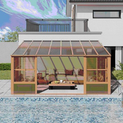 Erommy 10ft x 16ft Wall Mounted Gazebo, All-Season Aluminum Patio Gazebo with Side Door, Outdoor Permanent Sunroom