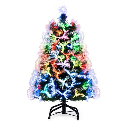 Tangkula 3FT Pre-lit Fiber Optic Christmas Tree Artificial Tree with Top Star Multi-Color Lighting & Folding Metal Stand 93 Branch Tips Holiday