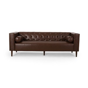 90" Contemporary 3-Seater Sofa with Tufted Diamond Stitch, Rolled Accent Pillows, and Wood-Like Accents - 1 of 4