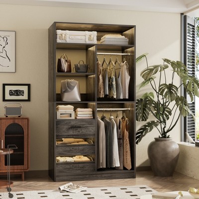 Besiost 36-In Closet Organizer with Wood Drawers, Freestanding Closet System with Hanging Rods