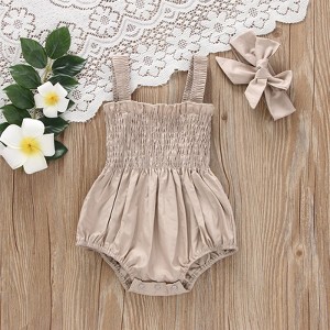 MyKids-USA Baby Girls Solid Color Sleeveless Summer Shirred Bodysuit Onesies & Headband - 1 of 4
