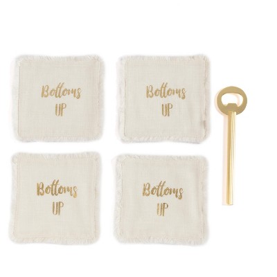 "Bottoms Up" Set of Four Coasters And Bottle Opener Gift Set - Off-White - Shiraleah