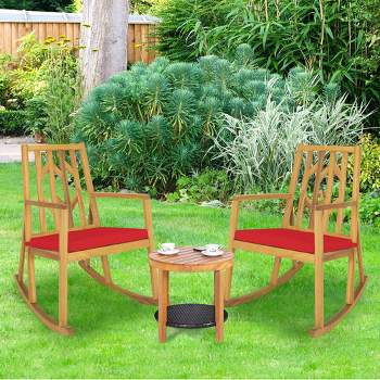 Costway 2 PCS Patio Rocking Chair Acacia Wood Armrest Cushioned Sofa Garden Deck White\Red\Turquoise