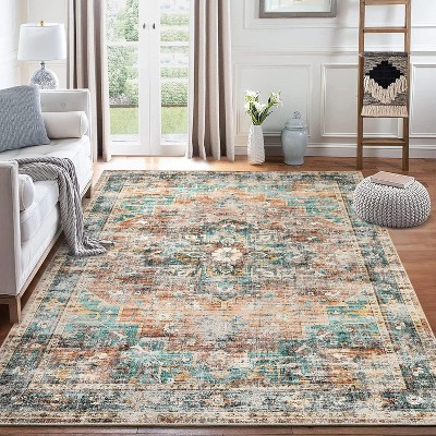 Acekool 8x10 Vintage Medallion Area Rug, Machine Washable Distressed Blue/Brown Non-Slip Stain Resistant Carpet for Living Room, Bedroom