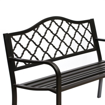 Black Steel and Cast Iron Outdoor Patio Bench