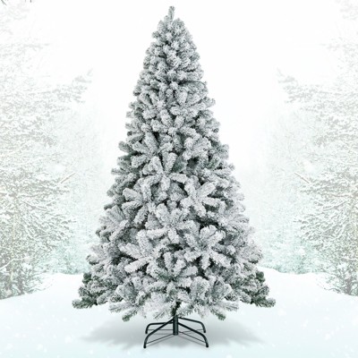 Tangkula 7.5'Hinged Artificial Christmas Tree Unlit w/ Metal Stand Premium Snow Flocked