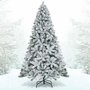 Tangkula 7.5'Hinged Artificial Christmas Tree Unlit w/ Metal Stand Premium Snow Flocked - 1 of 4