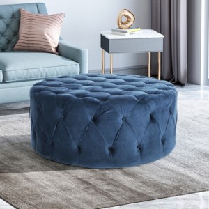 Vynxaria Modern Glam Velvet Cocktail Ottoman with Button-Tufted Diamond Stitching,Blue - 1 of 4