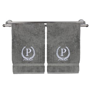 BC BARE COTTON Monogrammed Hand Towel, 100% Turkish Cotton - Set of 2 - Gray - Silver Wreath - 1 of 1
