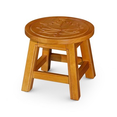 FURNIinspire Ottomans And Benches Carved Wooden Step Stool Fun Designs Premium Rubberwood Versatile Use, Maple Leaf Style, Brown, 11.00"*11.00"*10.00"