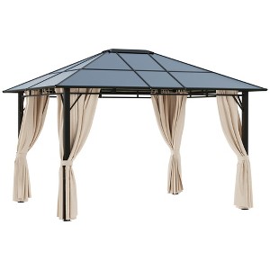 Outsunny 10x12 Hardtop Gazebo with Metal Frame, Polycarbonate Gazebo Canopy with Curtains for Garden, Patio, Backyard - 1 of 4