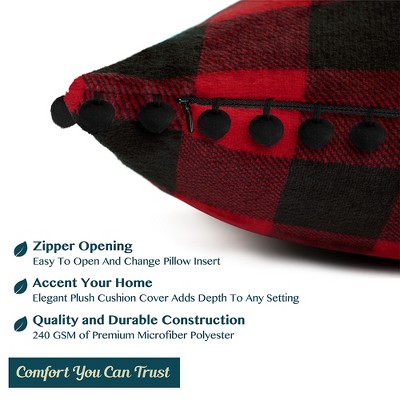 Red and Black Plaid Pom Pom Flannel Pillow Covers, Set of 2
