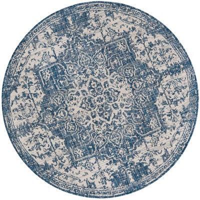 Blue Round Synthetic Medallion Outdoor Rug, 4'