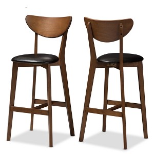 Set of 2 Eline Mid-Century Modern Barstools: Walnut, Faux Leather, Fixed Height - Baxton Studio - 1 of 4