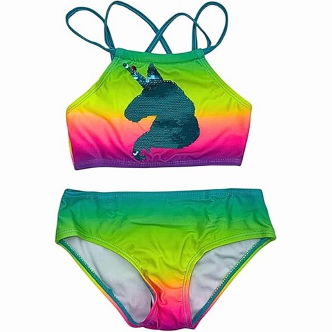 GO COCO Little Girls’ 2-Piece Sequin Tankini Swimsuit Set, Unicorn/Multi, 6X