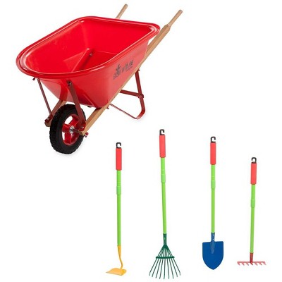 HearthSong Grow With Me Adjustable Garden Tool Set and Child's Wheelbarrow Special, Includes Wheelbarrow, Telescoping Shovel, Hoe, Leaf Rake, and Soil Rake