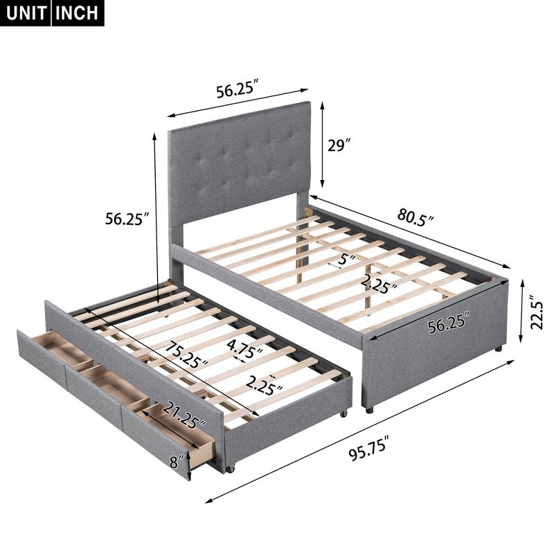 Upholstered Platform Bed with Pull-out Twin Size Trundle Bed and 3 Drawers-ModernLuxe, 3 of 14