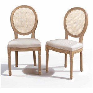 QingMoon French Style Dining Chairs Set of 2, Linen Fabric Kitchen Chairs, Farmhouse Country Accent Chairs with Rattan Back for Dining Room - 1 of 4
