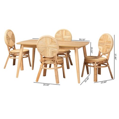 Natural Brown Rattan 5-Piece Dining Set with 4 Chairs