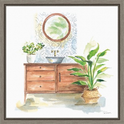 Amanti Art Greenery Bath I by Sue Schlabach Canvas Wall Art Print Framed 16 x 16-in.