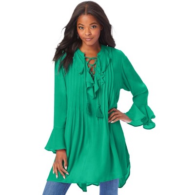 Roaman's Women's Plus Size Ruffle Pintuck Crinkle Tunic