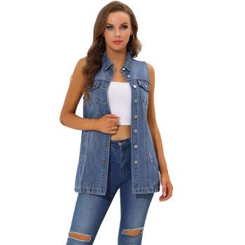 Allegra K Women's Sleeveless Casual Button-Down Side Pockets Long Jean Vests