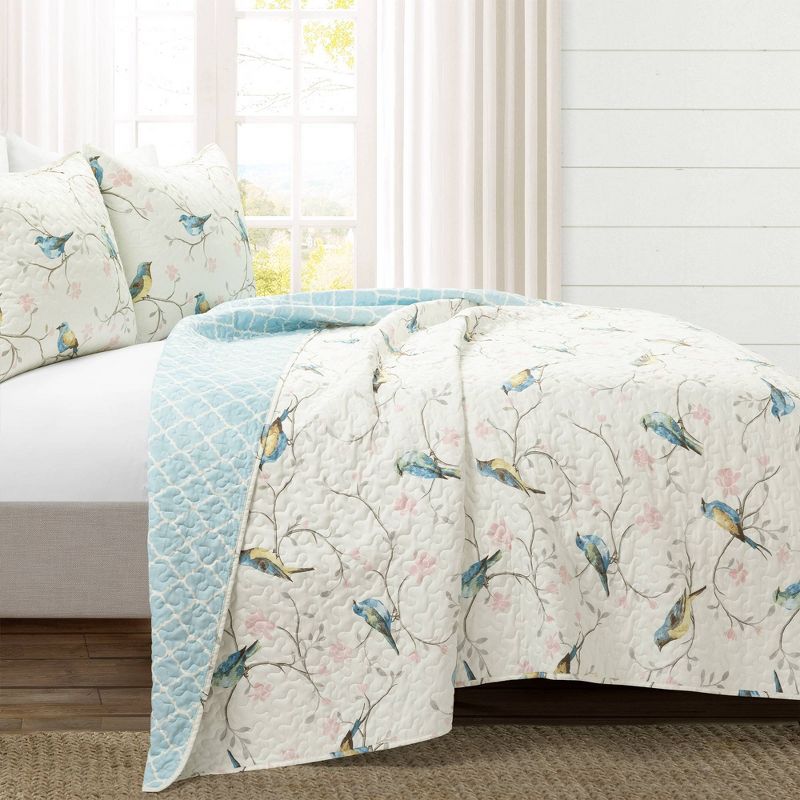 Lush Décor 3pc Botanical Bird And Flower Oversized Reversible Quilt Set White/Blue/Yellow, 3 of 9