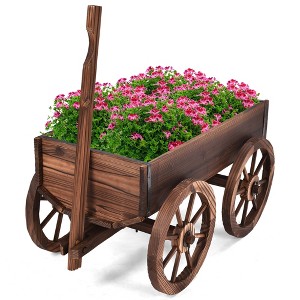 Costway Wood Wagon Flower Planter Pot Stand W/Wheels Home Garden Outdoor Decor - 1 of 4