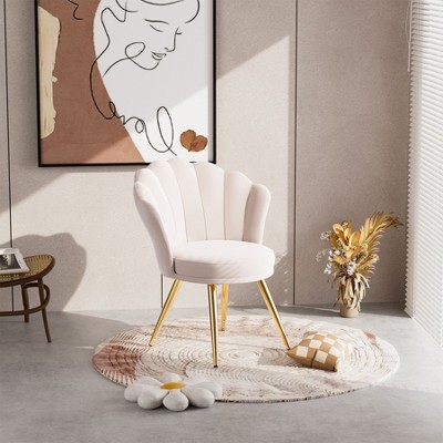 CAVINAS Velvet Accent Chair,Shell-Shaped Leisure Chair with Gold Metal Legs,Wood Frame,Light Pink Upholstered Vanity Chair for Bedroom,Living Room