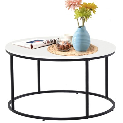 HOMCOM Wood Round Coffee Sofa Table Side with a Modern Design Black Metal Frame and Easy Maintenance White