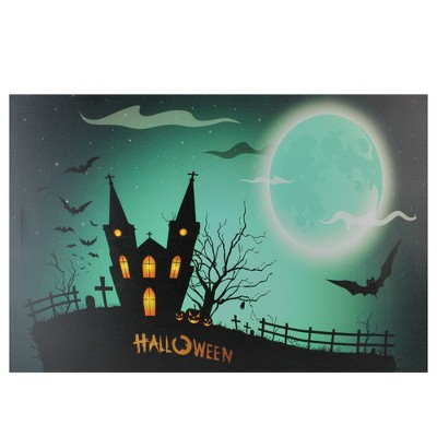 Northlight 23.5" Halloween Prelit LED Church in Cemetery Canvas Wall Art - Teal Blue/Black