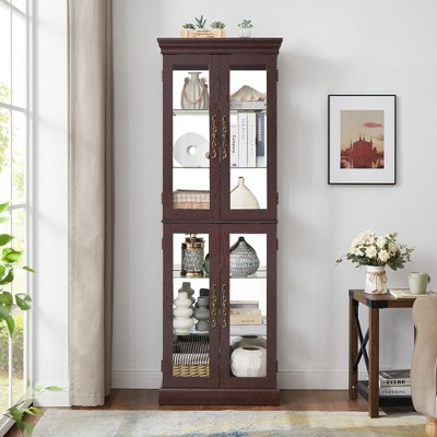 SKRAN 71" H Lighted Curio Cabinet Display Case, Wooden Cabinets with Adjustable Shelves and Tempered Glass Door for Living Room