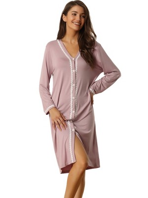 cheibear Women's Button Down V Neck Long Sleeve Pajama Nightshirt Dress