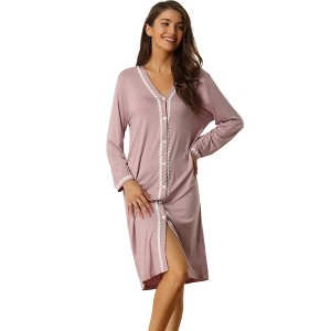 cheibear Women's Button Down V Neck Long Sleeve Pajama Nightshirt Dress - 1 of 4