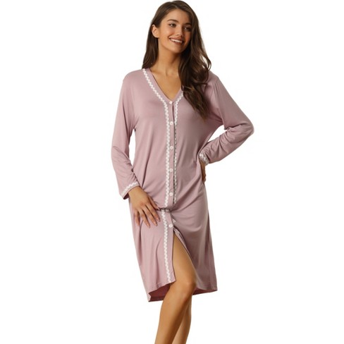 Cheibear Women's Button Down V Neck Long Sleeve Pajama Nightshirt Dress  Pink Small : Target