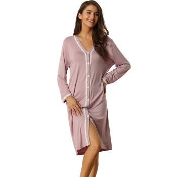 cheibear Women's Button Down V Neck Long Sleeve Pajama Nightshirt Dress