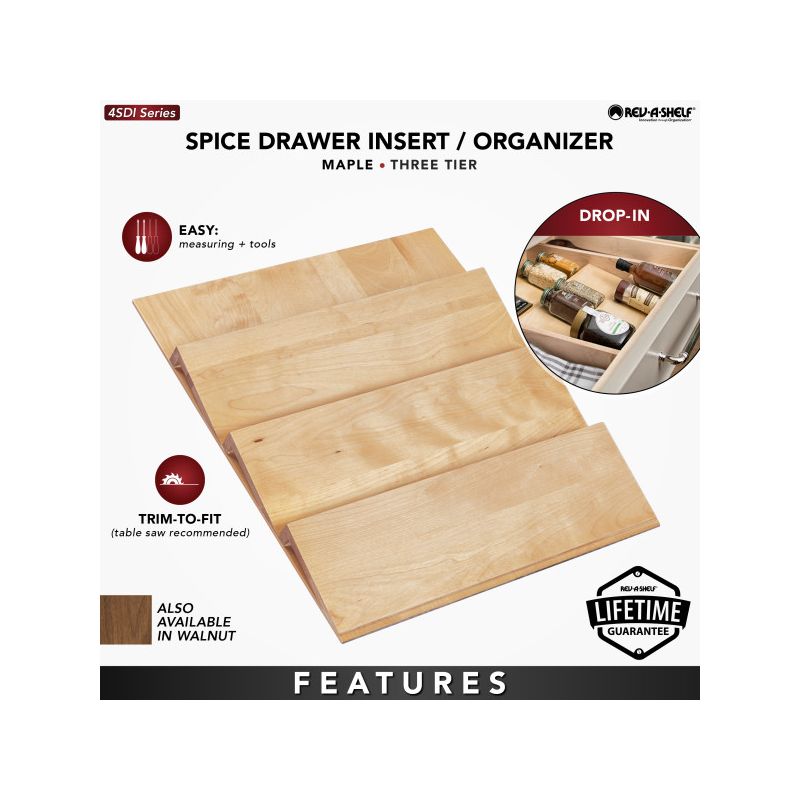 Rev-A-Shelf 4SDI 3-Tier Trim-to-Fit Wooden Spice Drawer Storage Organizer Cabinet Insert, Natural Maple, 3 of 7
