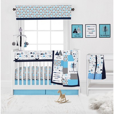 Bacati - Woodlands Aqua/Navy/Grey 10 pc Crib Bedding Set with Long Rail Guard Cover