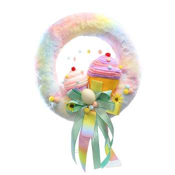 Easter Pastel Wreath W/Cupcakes  -  One Wreath 16.0 Inches -  Tie-Dyed Eggs Bow  -  0808756  -  Polyester  -  Multicolored