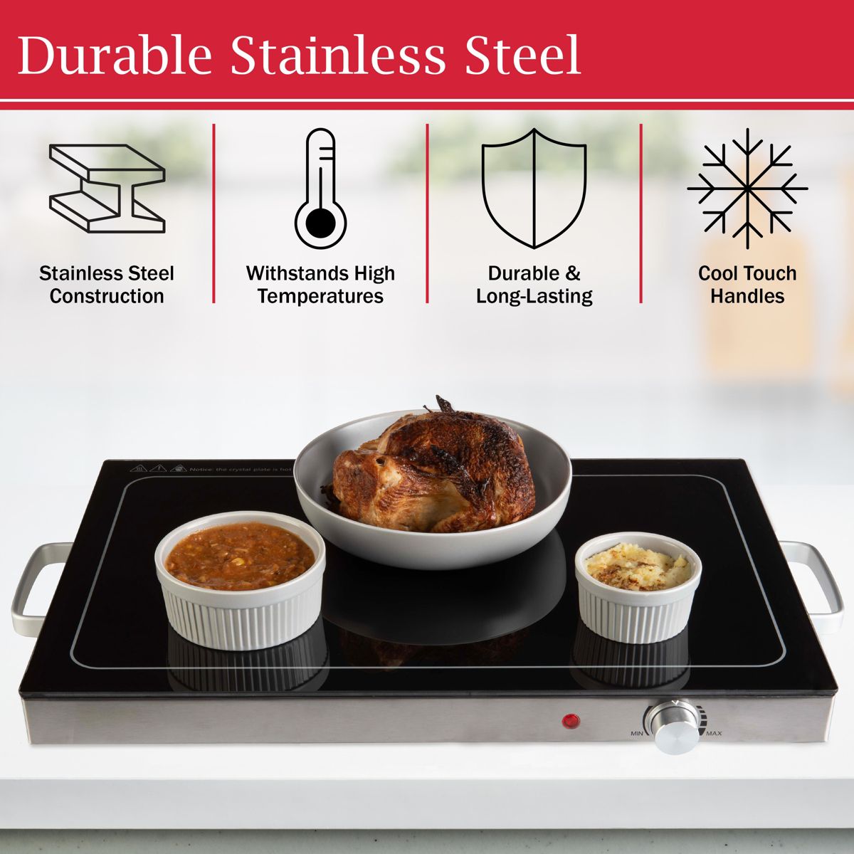 Classic Cuisine Electric Warming Tray - Food Warmer with 3 Temperature Settings, Stainless Steel Construction and Cool-Touch Handles - thumbnail 5