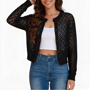 Lace Knit Cardigan Sweater Women Long Sleeve Round Neck Button