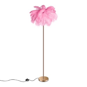 EasyinBeauty Natural Ostrich Feather Floor Lamp, Modern Standing Lamp with Foot Switch, Cozy Lighting for Princess Girl Bedroom, Reading Corner - Pink - 1 of 4
