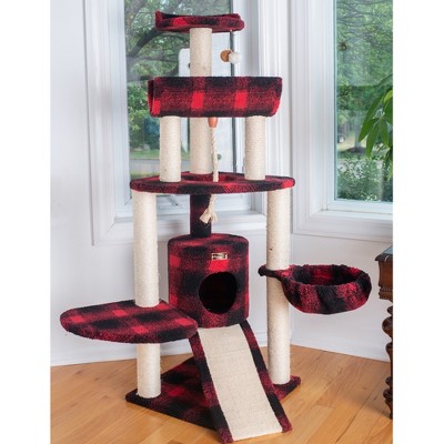 58'' Red and Black Plaid Sisal Cat Tree with Condo and Ramp