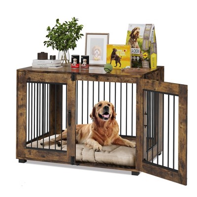 31.5" Dog Crate Furniture for Small Breeds - Chew-Resistant Dual-Door Kennel with Locking Wheels, Modern Farmhouse Indoor Pet End Table, Brown