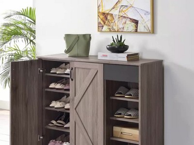 Rustic Gray Oak Freestanding Office Cabinet with Shelves and Drawer