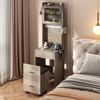 Small vanity with mirror and LED light, makeup table with charging station and storage shelf (for small spaces)