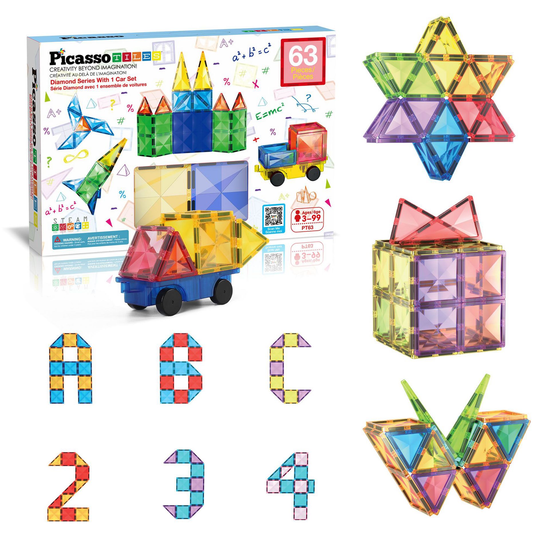 PICASSO-TILES 63PCS Magnetic Tiles for Kids – STEM Construction Building Blocks Set, Educational Creative Learning Toy for Boys & Girls